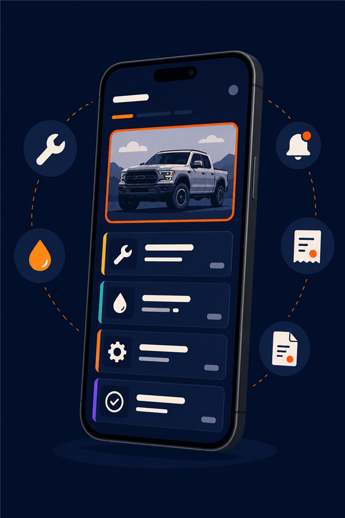 SpecSilo app showing a truck with maintenance cards